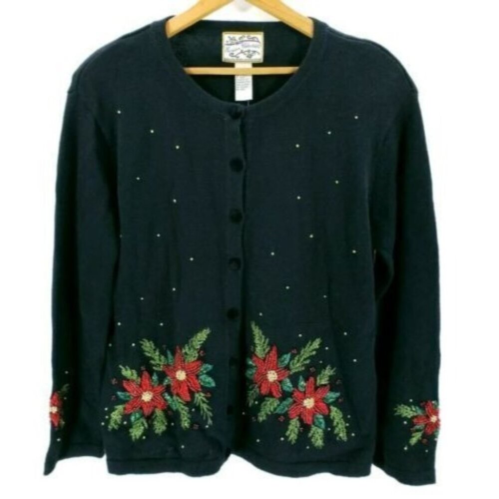 Heirloom Collectibles Womens L Black Cardigan Floral Embroidery Ramie & Cotton